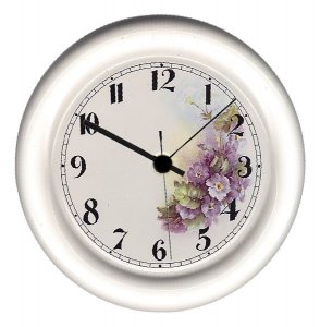 Keramik Wanduhr rund weiß mit violett Blumenstrauß Quarzuhr