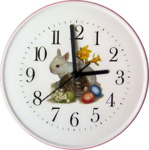 Keramik Wanduhr für Ostern (Motiv Hasen mit Osterneiern)