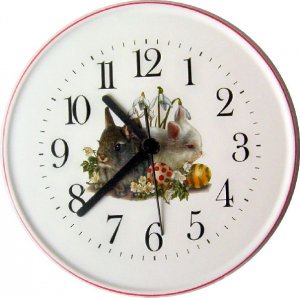 Keramik Wanduhr für Ostern (Motiv Hasen mit Schneeglöckchen)