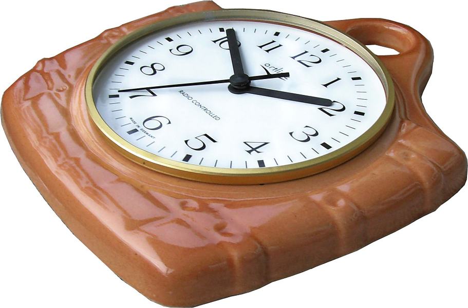 Keramik Salzfaß-Uhr hellbraun, glänzend, Funkuhr - zum Schließen ins Bild klicken